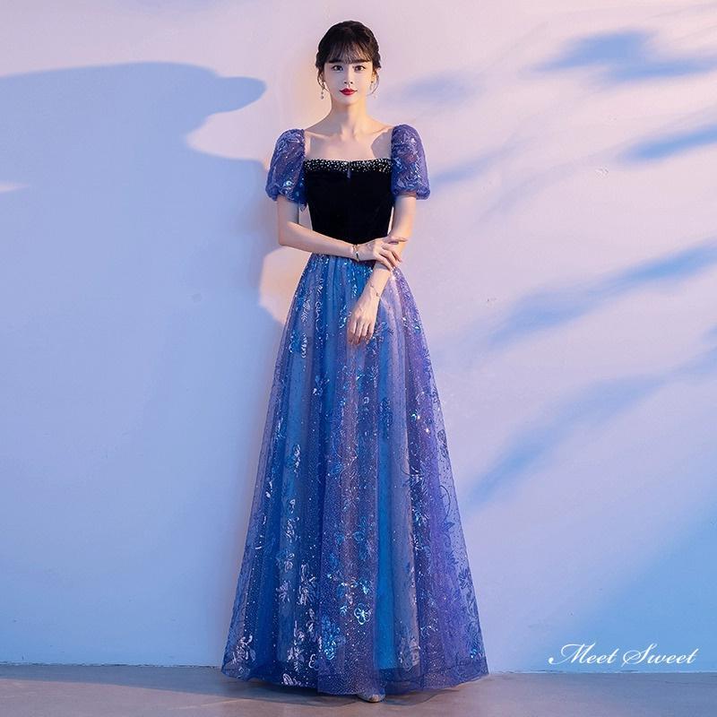 カラードレス ロングドレス パーティードレス パフスリーブ ブルー 半袖 ウェディングドレス ウエディングドレス 結婚式 二次会 花嫁 前撮り 演奏会 発表会|GBB店