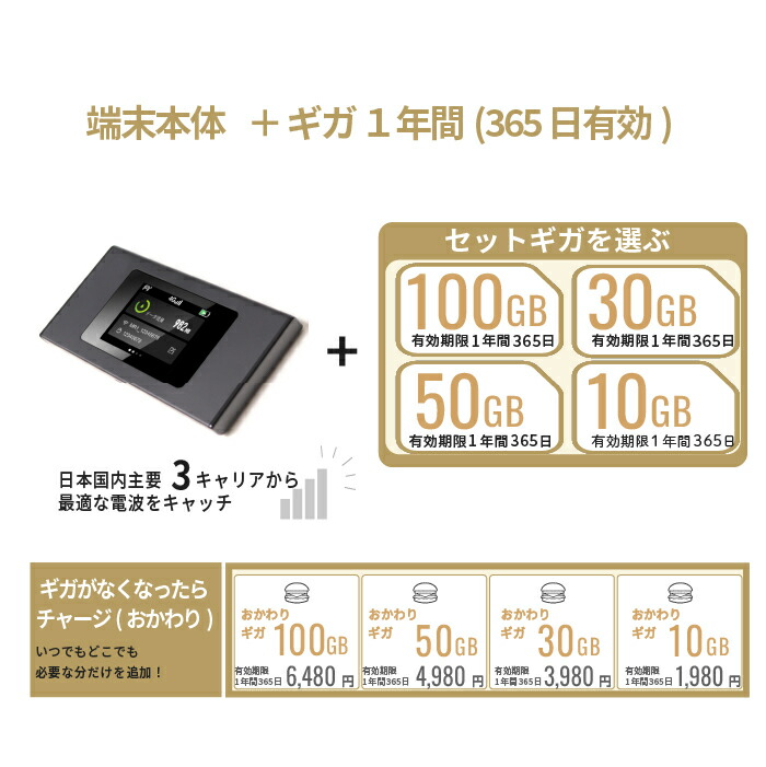1年間10GB付 ポケットWiFi 契約不要 月額費用無し 端末買切り 最短即日利用可能 ギガが無くなったら簡単追加購入 新着ランキング1位獲得 Docomo  Au Softbankから一番良い電波をキャッチ！ギガセットWi-Fi 総合