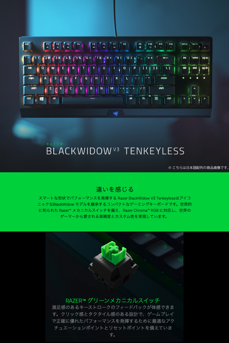 Tenkeyless ゲーミングキーボード Razer公式 Razer Switch Blackwidow Blackwidowモデルを継承するコンパクトなゲーミングキーボード メカニカル Green テンキーレス V3 Green Jp Switch 日本語配列 ゲーミングキーボード Rz03 R3j1 N レーザー キーボード