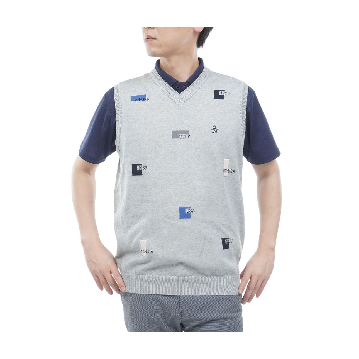 マンシングウェア　Munsingwear　飛びロゴインターシャVネックニットベスト