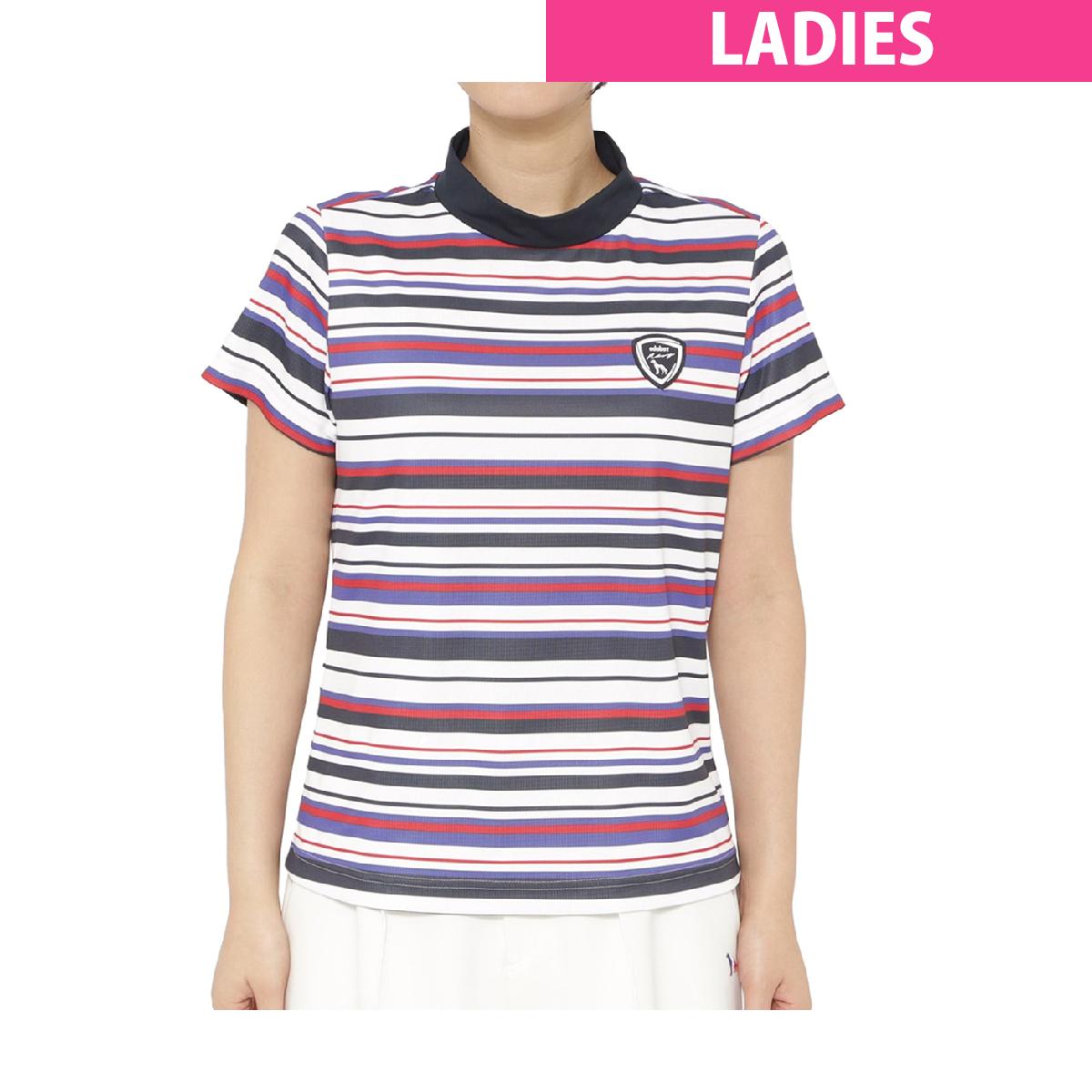 アダバットネイビー　ADABAT NAVY　ストレッチ 吸水速乾 接触冷感 マルチボーダーモックネック半袖Tシャツ　 レディス