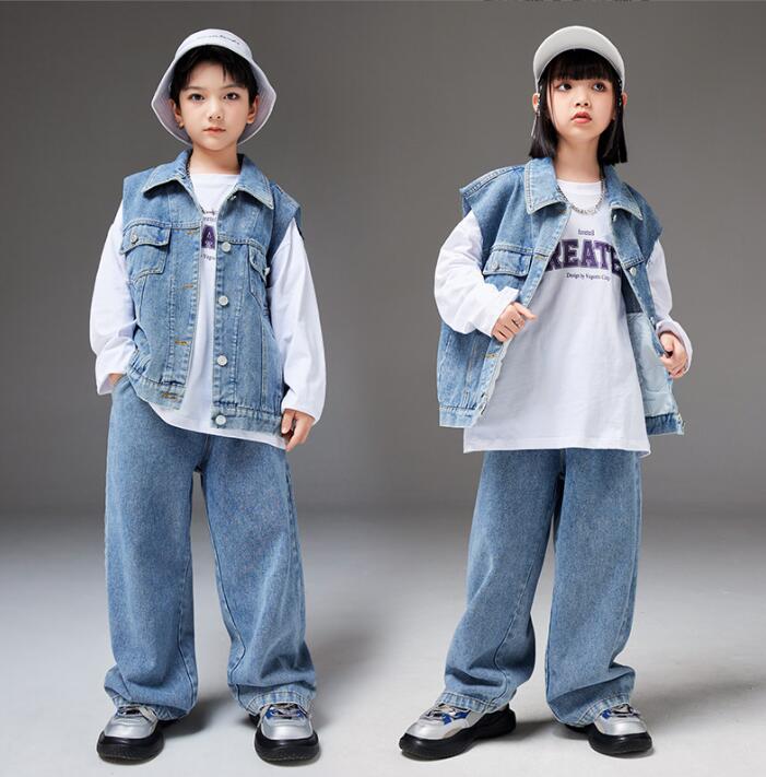 キッズヒップホップダンス衣装 子供 デニム ベスト デニムパンツ ジーンズ 春秋 子供服 ダンス衣装 デニムベスト hiphop jazz Gジャン ステージ衣装 男女兼用