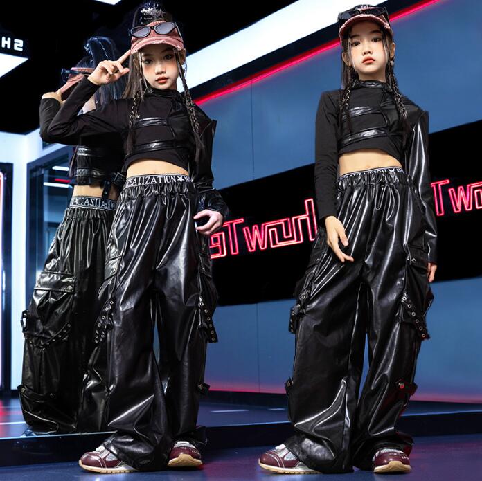 女の子 ジャズダンス 衣装 レザーパンツ ダボ感 カーゴパンツ ジャズ ヒップホップ かっこいいダンス衣装 レザー 演出服子供服 jazz 男女兼用 ステージ衣装