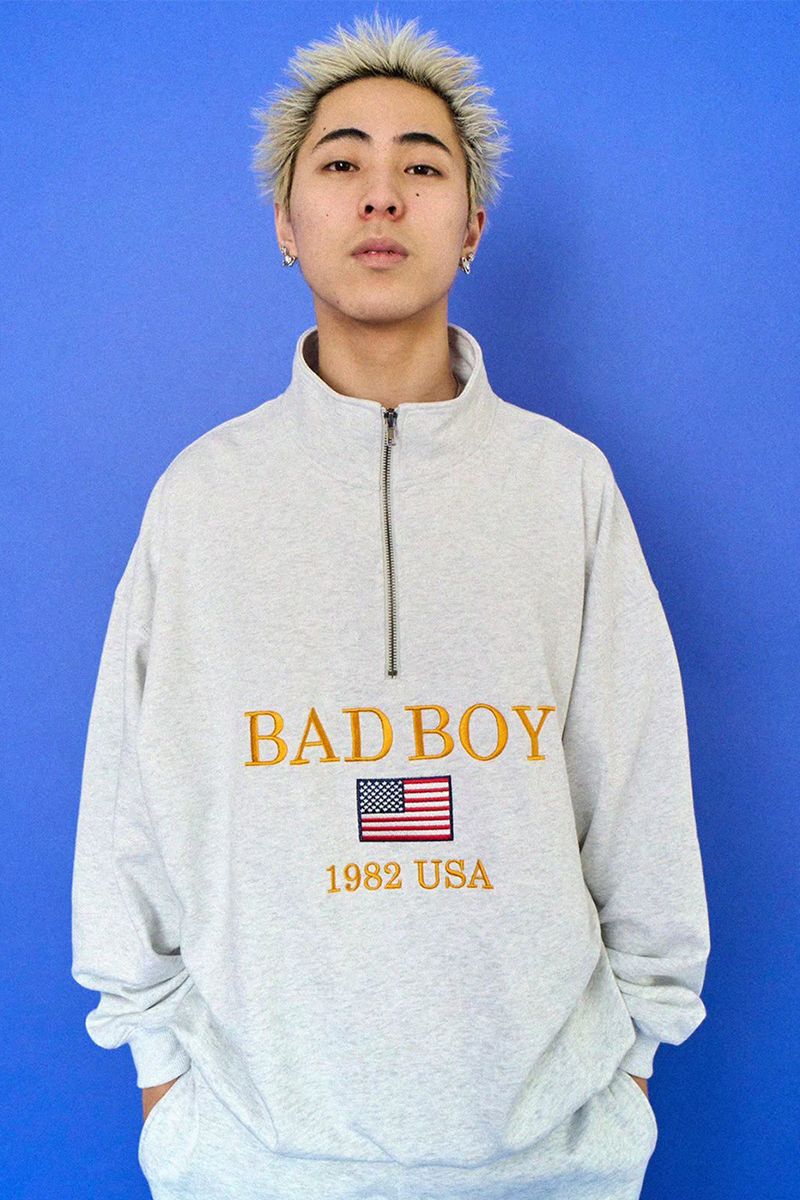 【楽天市場】BAD BOY (バッドボーイ) U.S.A LOGO EMBROIDERY HALFZIP SWEAT GRAY