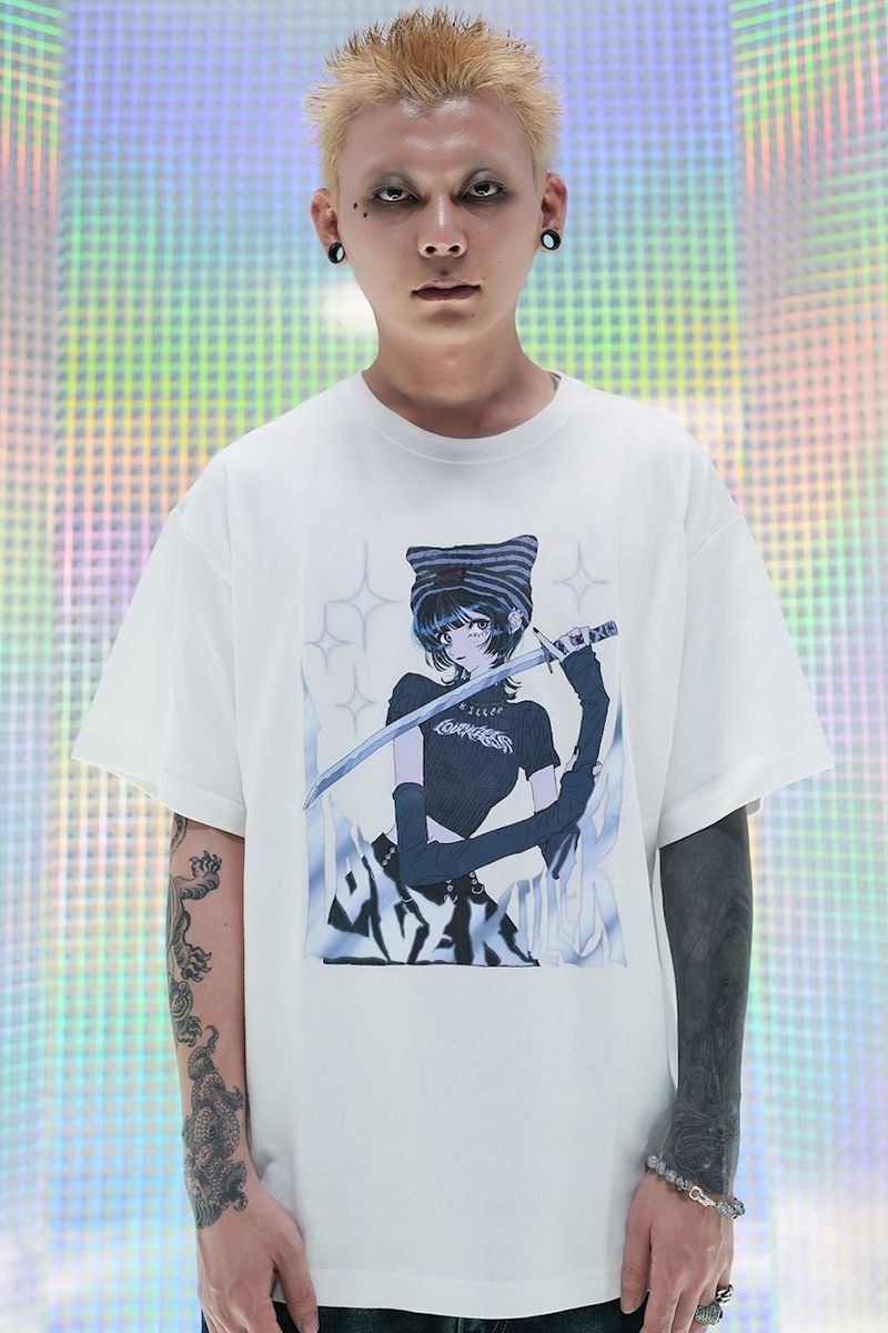 LOVE KILLER(優しいこと殺害者) Killer cat Graffiti Logo T-shit WHITE