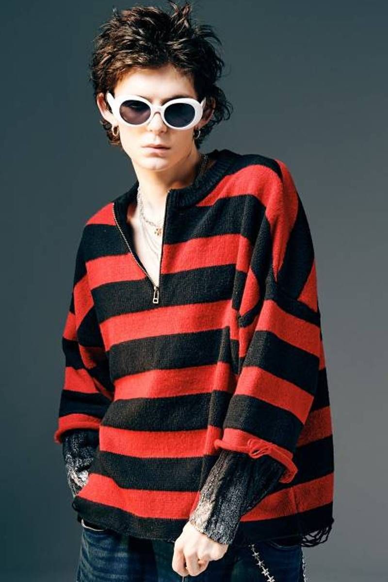 glamb(瓦)Damage Glitter Knit / ダメージグリッターニット - Red メンズファッション-その他