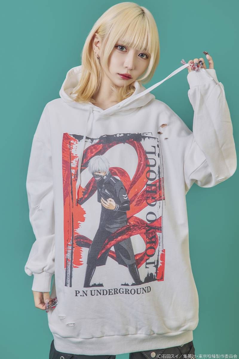 東京喰種&times;P.N UNDERGROUND 金木研ダメージパーカー - White｜GEKIROCK CLOTHING