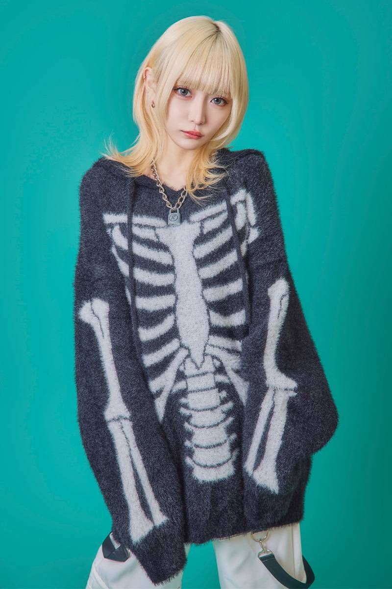 PSYCHO NATION(サイコ・ネーション) ボーンニットパーカー - Black&times;White｜GEKIROCK CLOTHING
