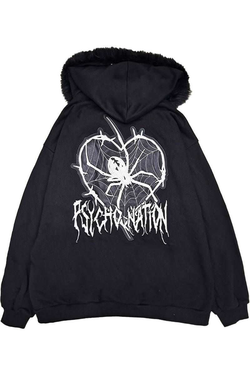 PSYCHO NATION(サイコ・ネーション) ファー脱着スパイダーZIPパーカー -Black