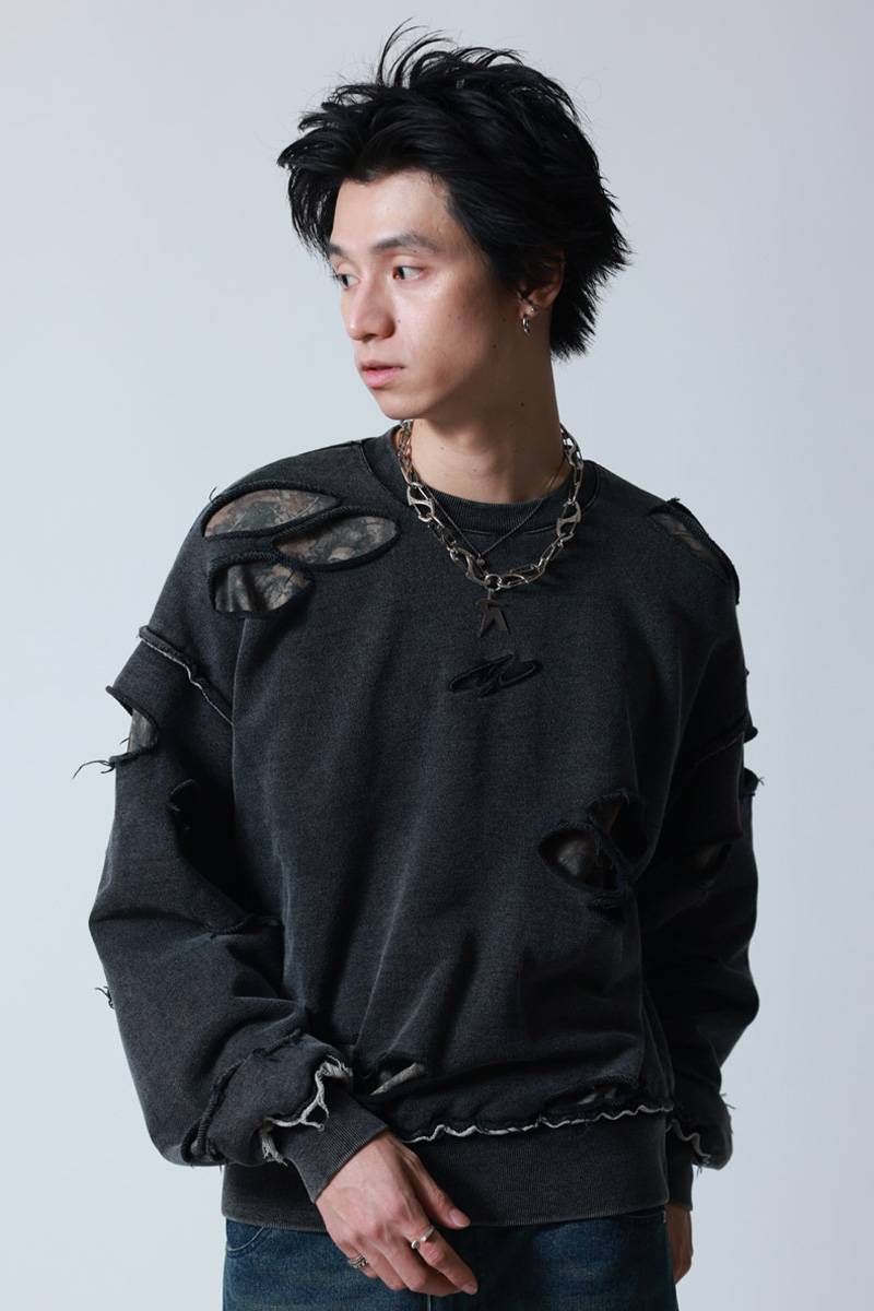 P.N UNDERGROUND(サイコ・ネーション・アンダーグラウンド) ダメージアンサンブルクルーネック - Black｜GEKIROCK CLOTHING