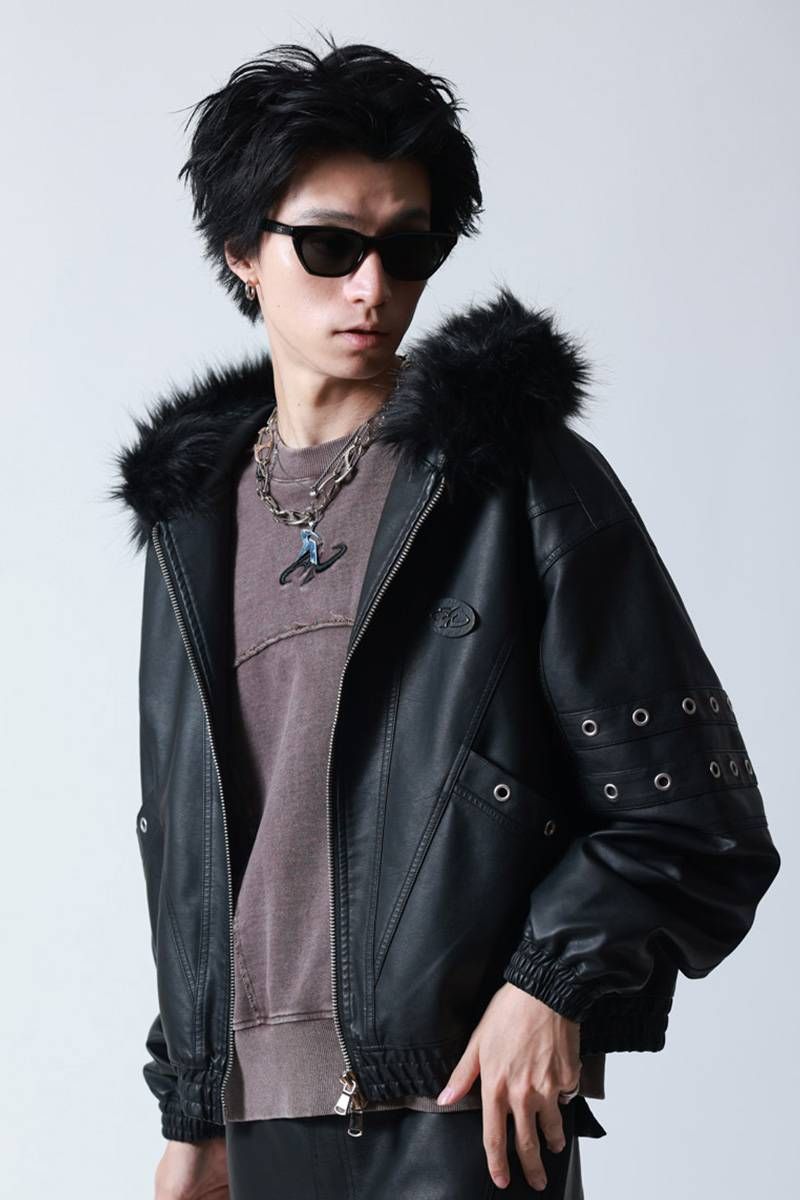 P.N UNDERGROUND(サイコ・ネーション・アンダーグラウンド) ファー脱着PUフードブルゾン - Black
