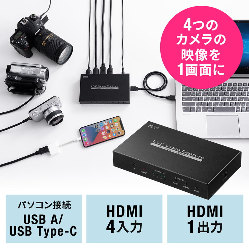 USB-HDMIカメラアダプタ UVC対応 WEBカメラ 4入力 HDMI出力 Zoom Skype Windows Mac EZ4-MEDI038  格安販売中