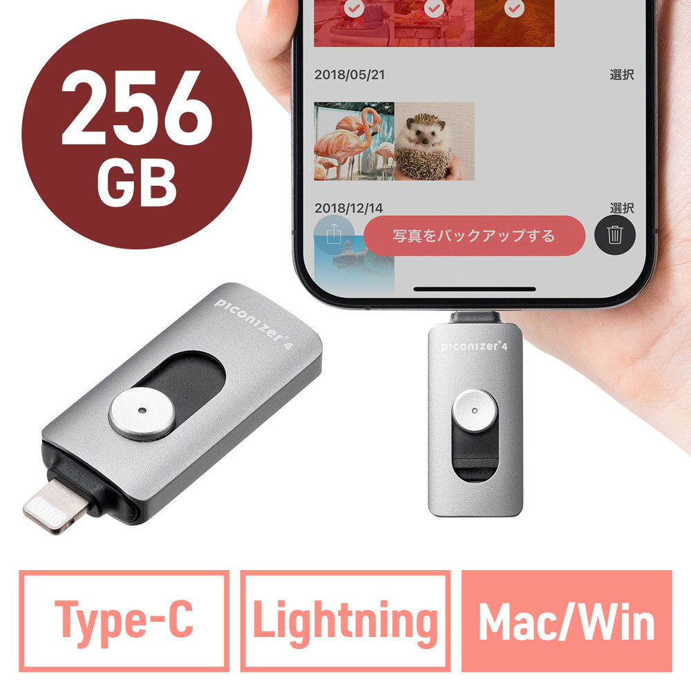 Lightning Type-C USBメモリ 256GB Piconizer4 グレー iPhone Android 対応 MFi認証 バックアップ iPad USB 10Gbps EZ6-IPLUC256GGY【ネコポス対応】