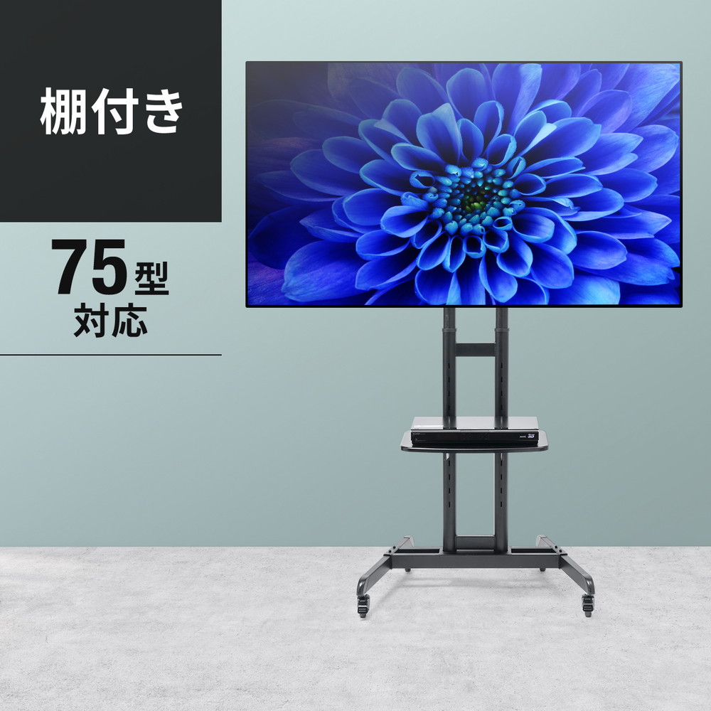 テレビスタンド キャスター付き ハイタイプ ロータイプ 高さ調整 32型から65型 75型対応 棚板付 会議 待合室 ロビー 展示会 プレゼン EZ1-PL035