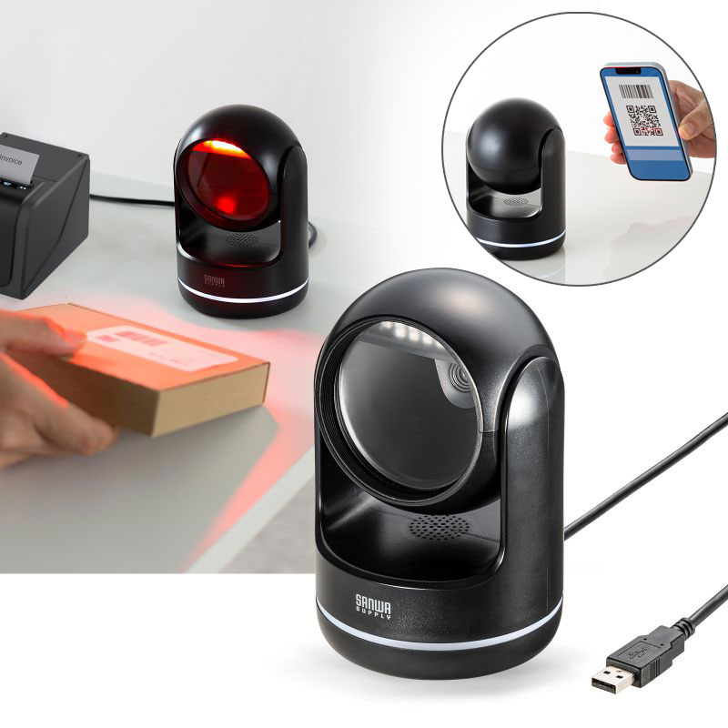バーコードリーダー バーコードスキャナ QRコード JANコード 定置式 有線 1次元 2次元 USB 図書館 物流管理 BCR-2D11BK サンワサプライ