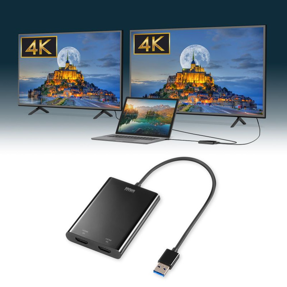 【最大2,000円オフクーポン発行中】USB-HDMIディスプレイアダプタ 4K/60Hz対応 2画面出力 USB-CVU3HD6 サンワサプライ