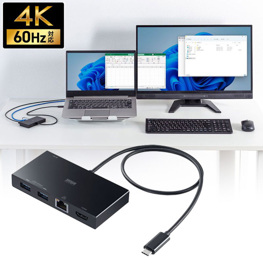 ドッキングステーション Type-C 接続 5 in 1 HDMI 1つ 4K/60Hz USB A 2つ PD100W LANポート 面ファスナー固定 ケーブル長 50cm USB-DKM10BK サンワサプライ【ネコポス対応】