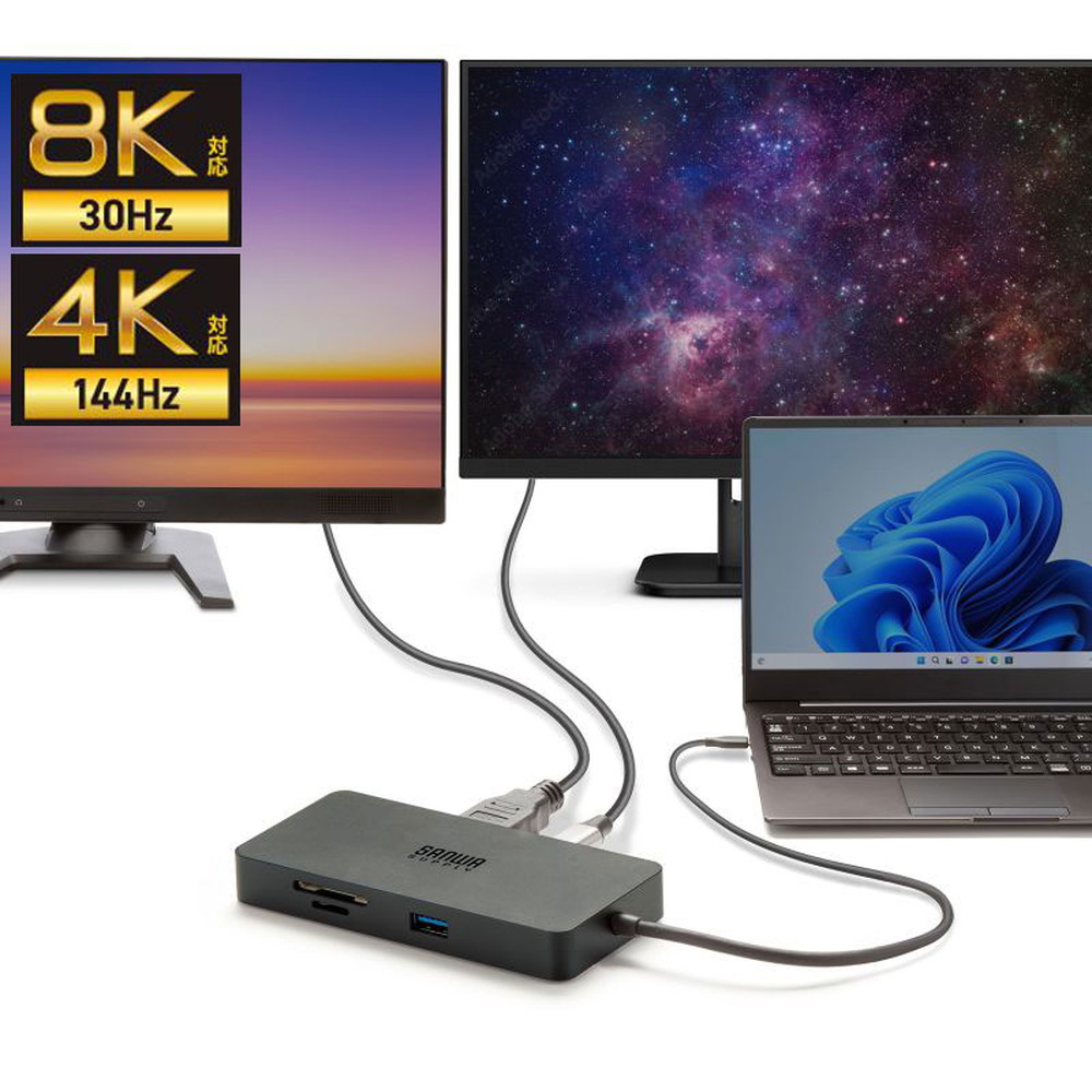 【最大1,000円オフクーポン発行中】Type-C ドッキングステーション ハブ 2画面出力 7-in-1 Type-Cモニター対応 4K/60Hz 8K対応 HDMI PD充電 USB3.0 5Gbps ブラック USB-DKM5BKN サンワサプライ【ネコポス対応】