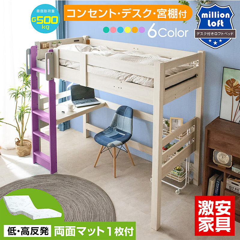デスク付きロフトベッド 抗ウイルス加工 BE-3290 一人暮らしにおすすめ！デスク付きロフトベッド・黒