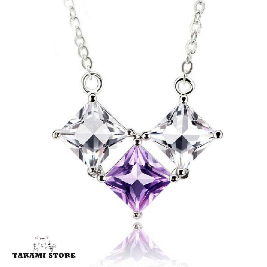 ネックレス 紫水晶 ダイヤ 天然アメシスト 四角ダイヤ 贅沢3粒 プラチナ仕上げ シルバー925 cz  妻 ギフト プレゼント