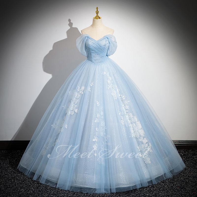 カラードレス プリンセスライン ライトブルー 青 オフショルダー ロングドレス ウェディングドレス 結婚式 二次会 花嫁 前撮り 演奏会 発表会 ステージ衣装老人の日｜厳選激安ショップ佐藤