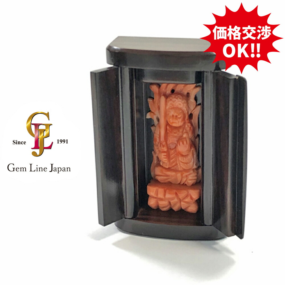 【中古】赤珊瑚 不動明王像 木製厨子付 飾りつけ