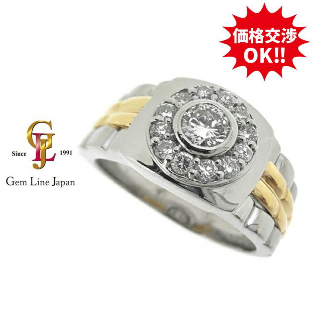 【中古】K18/Pt900 21.27g ダイヤモンド 0.366ct 脇ダイヤ 0.41ct コンビ メンズ リング