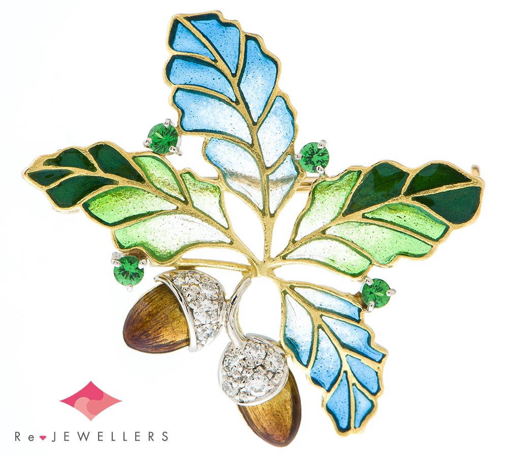 中嶋 邦夫 ニックスファクトリー In The Garden ドングリ エマイユ グリーンガーネット計0.15ct ダイヤモンド 計0.13ct 18金イエローゴールド ブローチ【中古】（2200000443120）