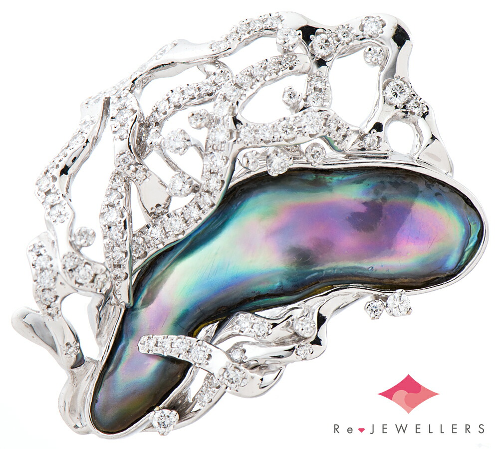 木下パール アワビ天然真珠10.42ct ダイヤモンド 計1.68ct 18金ホワイトゴールド ブローチ兼ペンダントトップ【中古】(2200000467553)|福岡宝石市場
