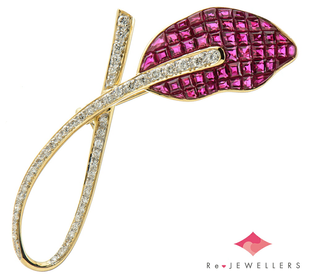 ミステリーセッティング リーフモチーフ ルビー ダイヤモンド 計0.60ct 18金イエローゴールド ブローチ【中古】（2200000487551）