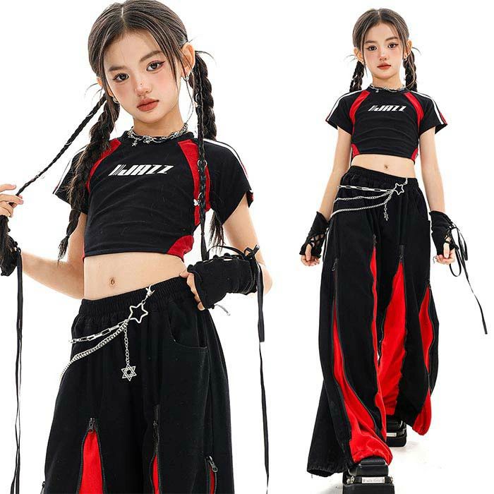キッズダンス ダンス衣装 セットアップ ジャスダンス 衣装 女の子 へそ出し トップス 半袖 ロングパンツ ジャスダンス ガールズ チアガール 演出服 ダンスウェア ジュニア ダンス 衣装 キッズ 練習着 団体服 応援団 発表会 jazz 110-180cm