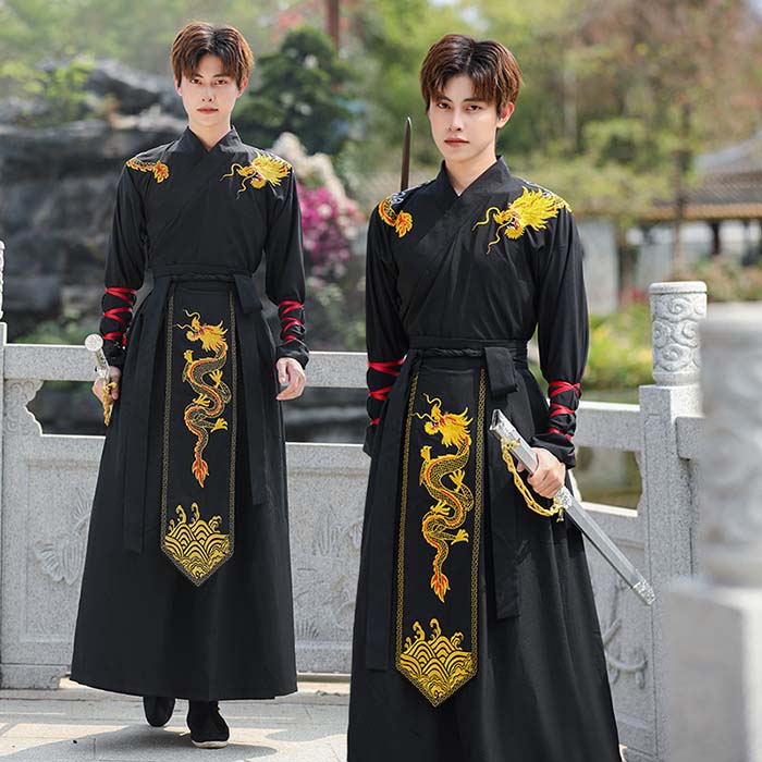 漢服 コスプレ衣装 中華服 チャイナ服 メンズ コスプレ衣装 上下セット 剣士 武術服 ダンス衣装 龍刺繍 中国古代コスチューム 仮装 中国宮廷風 民族風 中華風 唐装 記念撮影 豪華 宮廷衣装 古典舞踊衣装 演出服 舞台衣装 学園祭 文化祭 ハロウィン衣装 ステージ衣装