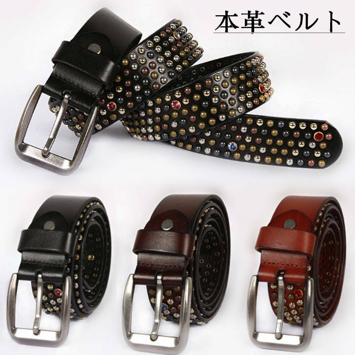 本革ベルト スタッズベルト 男女用ベルト メンズベルト レディースベルト 牛革ベルト レザーベルト 調整タイプ 豪華 飾り ライダースベルト 美品 黒色