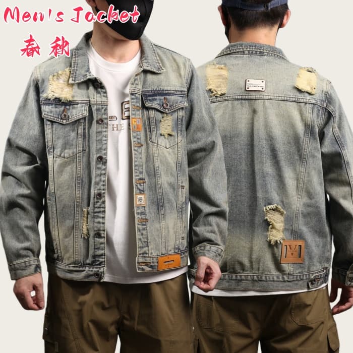 デニムジャケット ダメージ加工 ウォッシュ加工 ジージャン メンズジャケット ヴィンテージ風 折襟 ゆったり Gジャン 春秋 春品 秋物 ショートジャケット カジュアル デニム アウター 5,619円