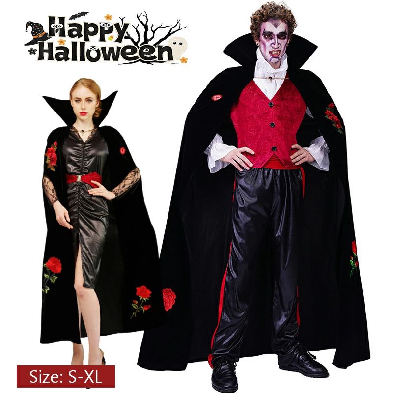 ハロウィン ヴァンパイアカップル衣装 豪華マント刺繍バラ レディース&メンズ コスチューム S-XLサイズ 文化祭 学園祭 写真 仮装 舞台演出服