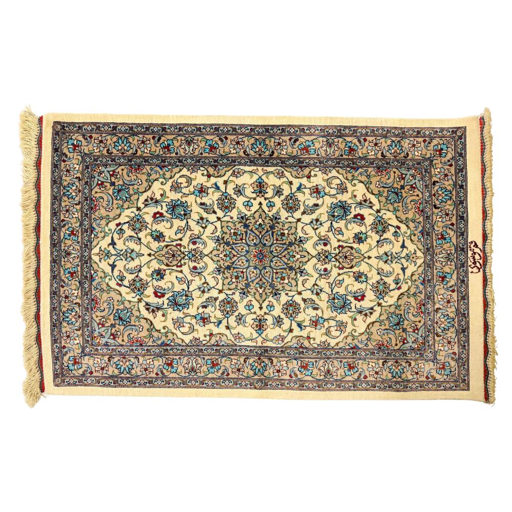 【国内定まりインポート元直送品イラン引っ敷き】品番38507 カシャンシルク 絹地 ベージュ 96×59 仕事場ムサヴィ