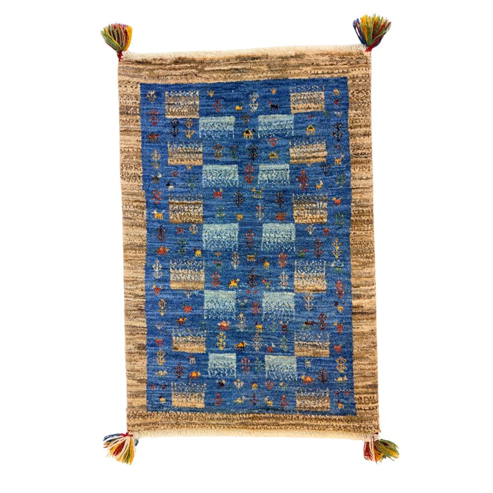 【国内定め事インポート元直送品イラン引っ敷き】品番43426 ギャべ 羊毛 青碧 94×63