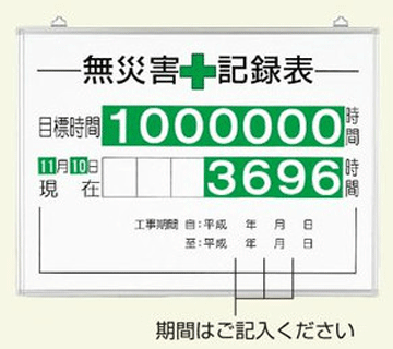 無災害記録表　315-15　450&times;600mm　板・数字板セット｜現場の安全　標識・保安用品