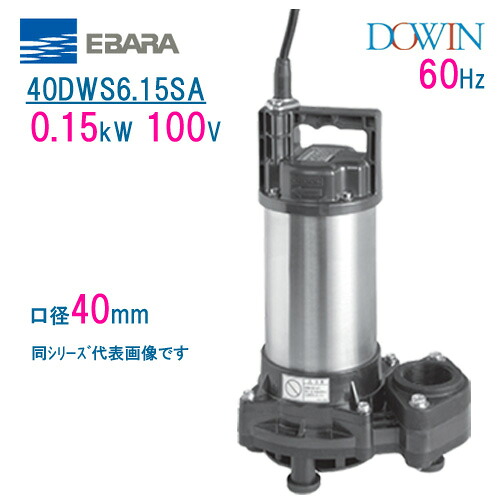 エバラ　樹脂製汚水・雑排水用水中ポンプ　 ４０ＤＷＳ６．１５ＳＡ　 ０．１５ｋＷ　１００Ｖ　 ６０Ｈｚ　口径４０ｍｍ　 荏原製作所製水中ポンプ　 EBARA ダーウィン DOWIN