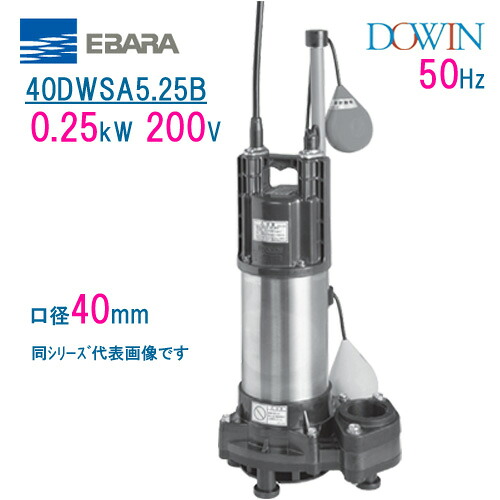 エバラ　樹脂製汚水・雑排水用水中ポンプ　 ４０ＤＷＳＡ５．２５Ｂ　 ０．２５ｋＷ　２００Ｖ　 ５０Ｈｚ　口径４０ｍｍ　 自動形　フロートスイッチ付　 荏原製作所製水中ポンプ　 EBARA ダーウィン DOWIN