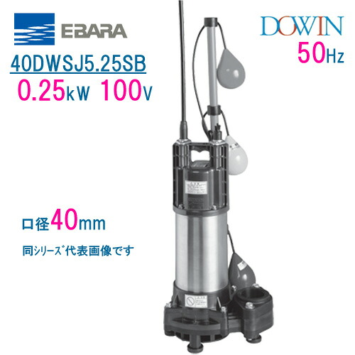 エバラ　樹脂製汚水・雑排水用水中ポンプ　 ４０ＤＷＳＪ５．２５ＳＢ　 ０．２５ｋＷ　１００Ｖ　 ５０Ｈｚ　口径４０ｍｍ　 自動交互形　フロートスイッチ付　 荏原製作所製水中ポンプ　 EBARA ダーウィン DOWIN