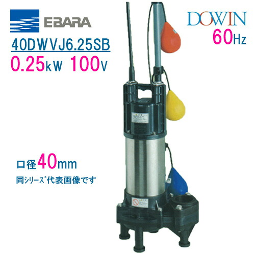 エバラ　樹脂製汚水・汚物用水中ポンプ　 ４０ＤＷＶＪ６．２５ＳＢ　 ０．２５ｋＷ　１００Ｖ　 ６０Ｈｚ　口径４０ｍｍ　 自動交互形　フロートスイッチ付　 荏原製作所製水中ポンプ　 EBARA ダーウィン DOWIN