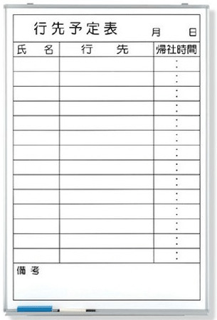 行先予定表 ホワイトボード 900×600mm 373-31 (受皿・水性ペン・消し具・マグネット付)|現場の安全 標識・保安用品