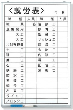就労表 ホワイトボード 900×600mm 373-32 (受皿・水性ペン・消し具付)|現場の安全 標識・保安用品