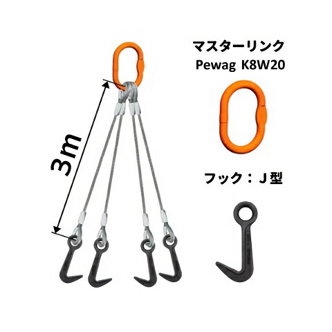 覆工板吊り4点吊りワイヤセット マスターリンク+J型フック 長さ：3M 送料無料 コンドーテック