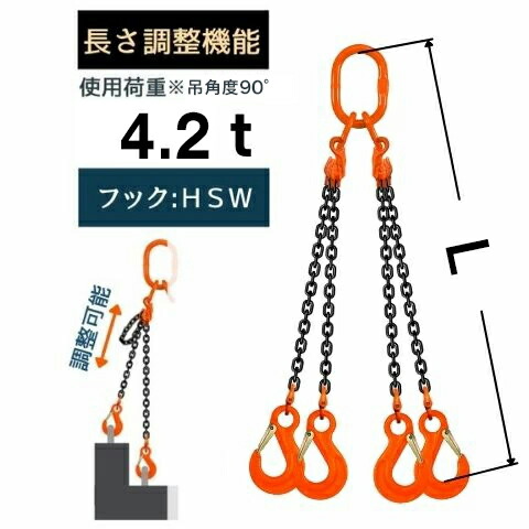 チェーンスリング4本吊り ショートニングタイプ アイフック付 チェーン径：8mm 長さL[m]：1 / 1.5 / 2 / 2.5 / 3 / 3.5 / 4 / 4.5 / 5 型式：SQE1 送料無料 コンドーテック