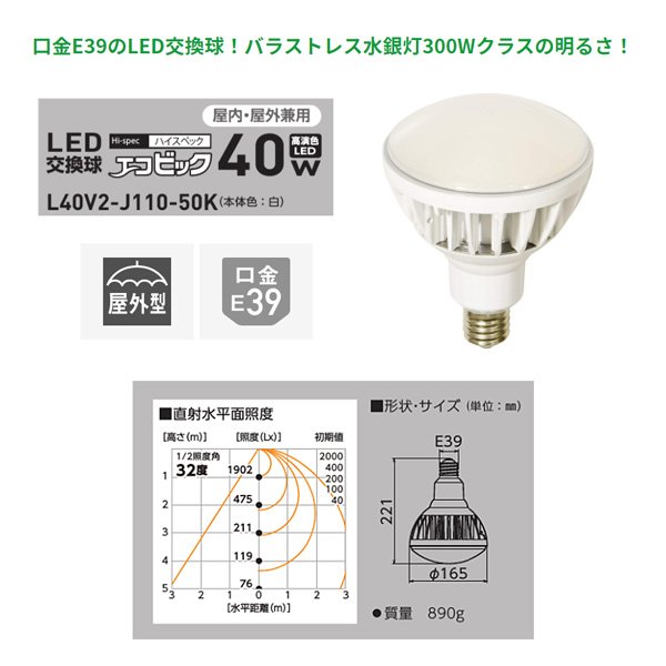 NICHIDO/日動工業 LED交換球 ハイスペックエコビック40W E39 昼白色