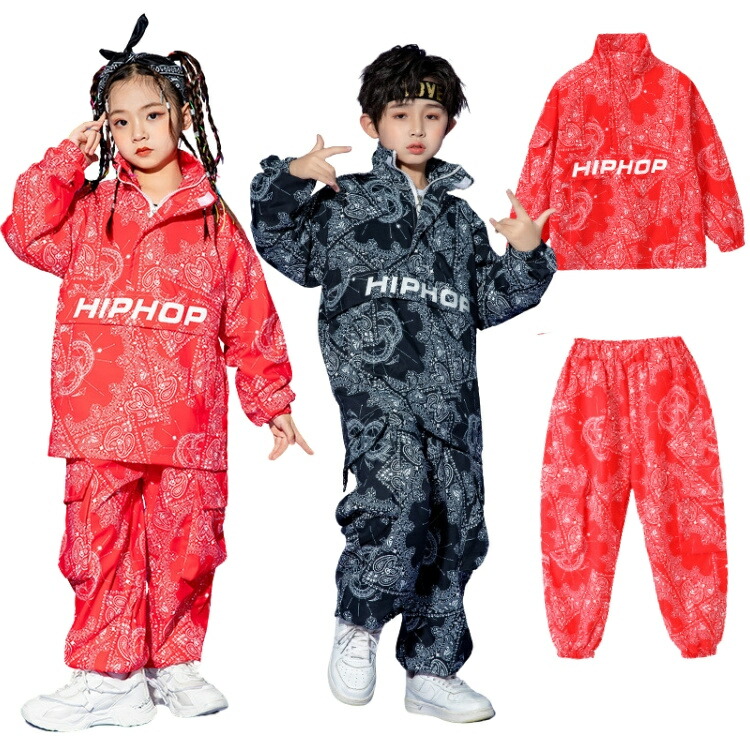 キッズダンス 衣装 パンツ 柄 黒 赤 レッド 女の子 男の子 ジャズ セットアップ キッズ チア ダンス衣装 子供服 ヒップホップ トップス k-pop 衣装 jazz hiphop 演出服 キッズ ファッション 秋 練習着 かこいい おしゃれ セット 応援 ダンス発表会 ストリート