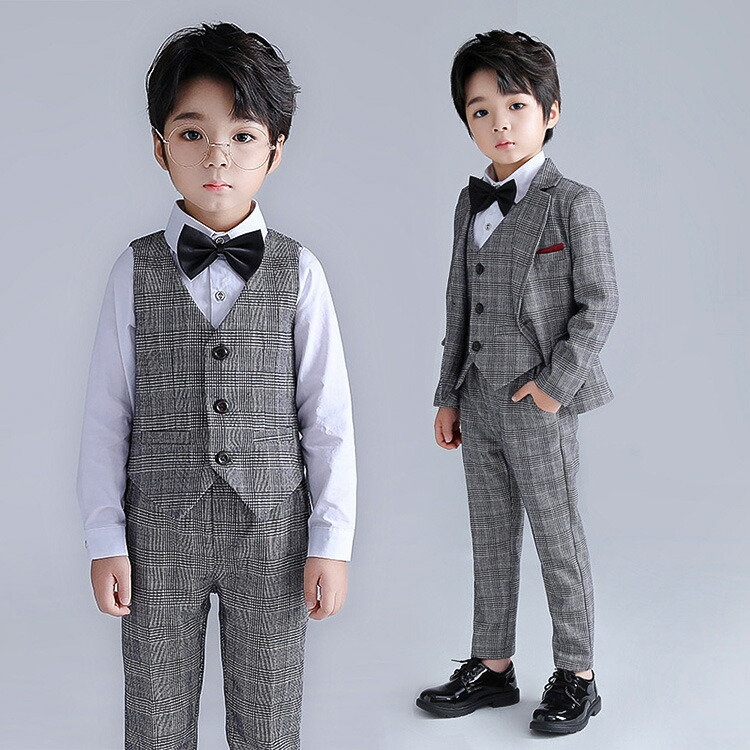 卒業式 スーツ 男の子 グレーチェック パンツスーツ 3/4/5点セット ジャケット ベスト ズボン 蝶ネクタイ シャツ 子供 スーツ フォーマルスーツ キッズ 小学生 中学生 入学式 入園式 卒園 子供服 面接 お受験 七五三 発表会 結婚式 90-170