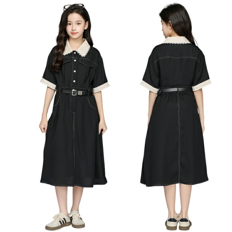 キッズ ワンピース 半袖 女の子 140 子供服 レトロ 配色襟 レース 配色ステッチ ベルト付き ウエストマーク クラシカル フロントボタン モノトーン 上品 お出かけ 発表会 スクールテイスト 春 夏 通学